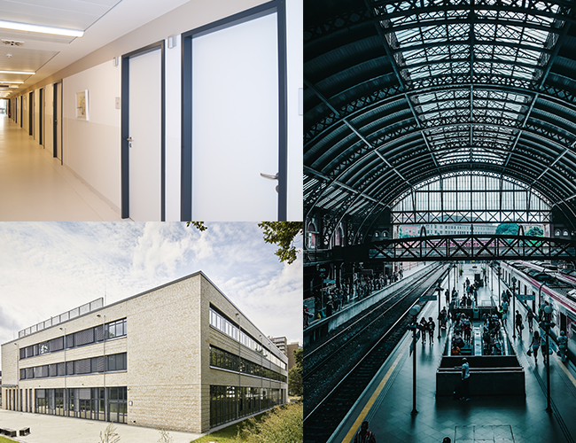Öffentliche Gebäude wie Schule, Bahnhof, Klinik und Krankenhaus